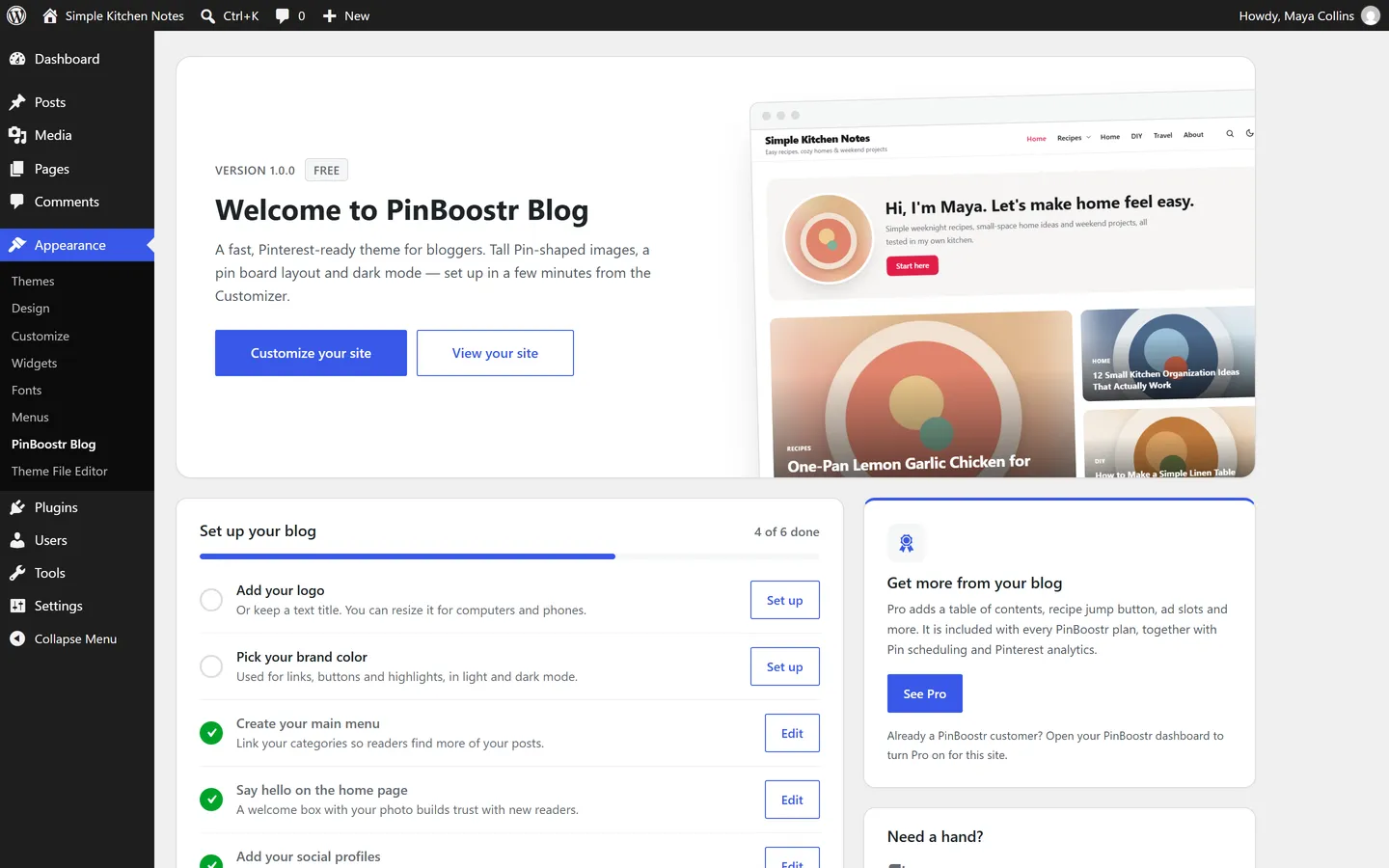 The PinBoostr Blog welcome page in WordPress: a site preview, a six-step setup checklist and shortcuts into the Customizer