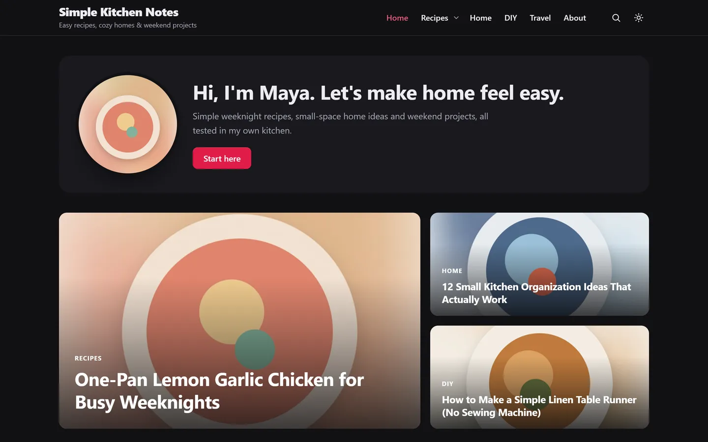 PinBoostr Blog in dark mode: the welcome box and featured posts on a near-black background with the rose accent