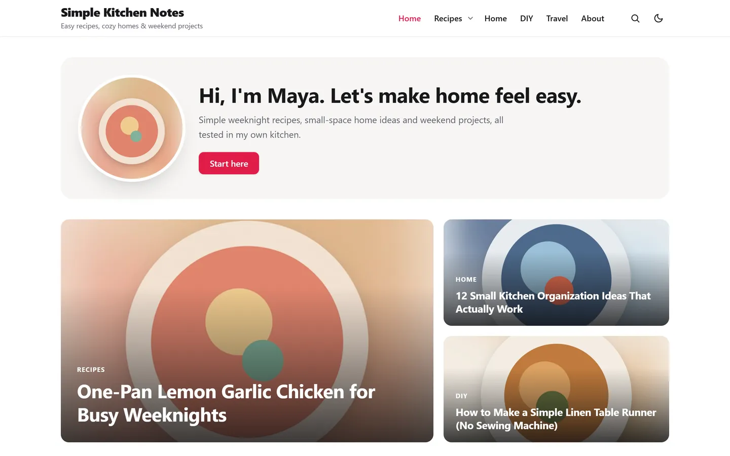 The PinBoostr Blog theme home page: a welcome box with the blogger's photo, then one large and two small featured posts