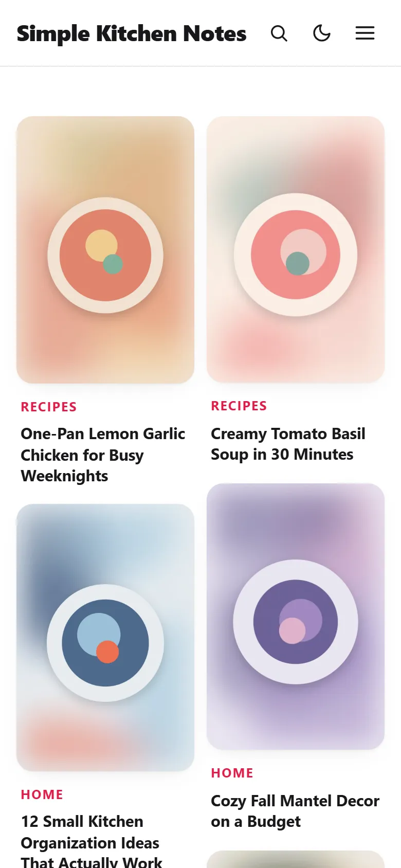 PinBoostr Blog on a phone: the header with search, dark mode and menu buttons above a two-column pin board
