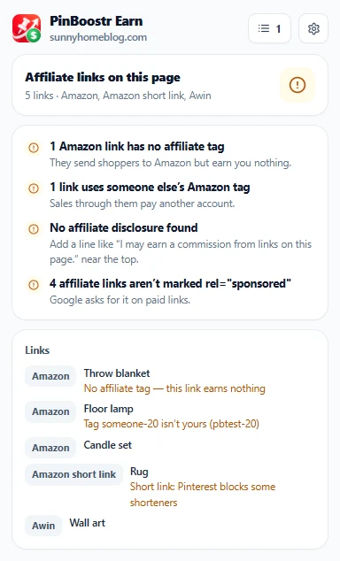 PinBoostr Earn's blog link check listing five affiliate links: one with no tag, one with another person's tag, and no disclosure on the page