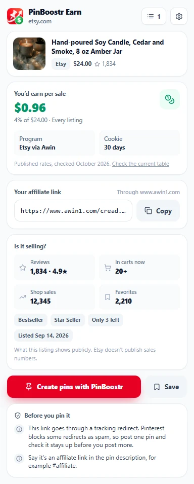 PinBoostr Earn on an Etsy listing: 4% per sale through Awin with a 30-day cookie, reviews, carts, Bestseller badge and shop sales