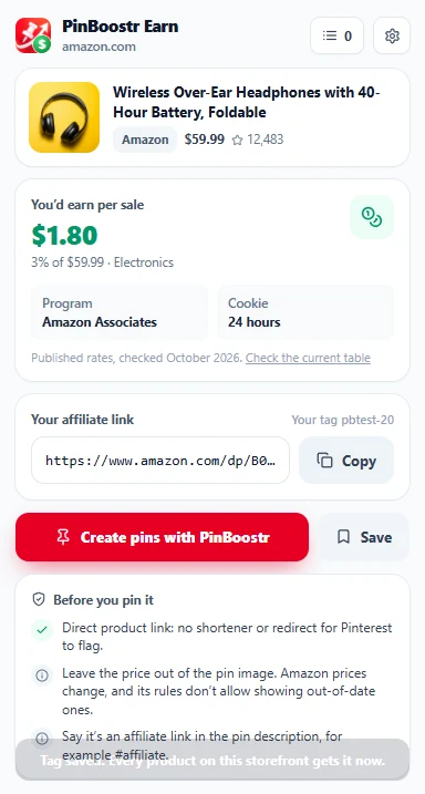 PinBoostr Earn popup: $1.80 per sale at 3% of $59.99 in Electronics, Amazon Associates, 24-hour cookie, the affiliate link and notes before you share it