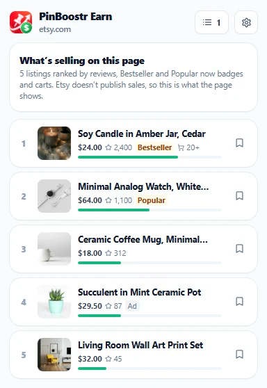 Etsy search results ranked by PinBoostr Earn using reviews, Bestseller and Popular now badges, and carts