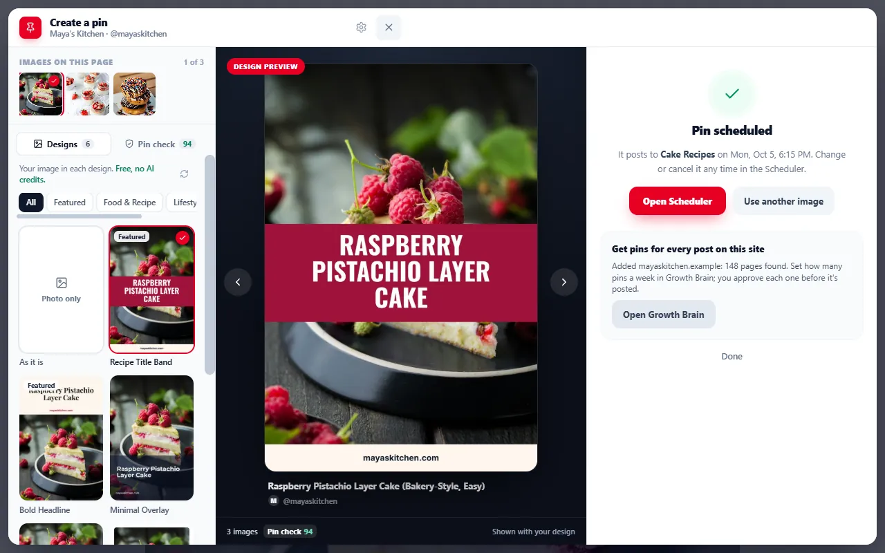 After scheduling, the PinBoostr extension offers to add the whole site: 148 pages found, ready for Growth Brain
