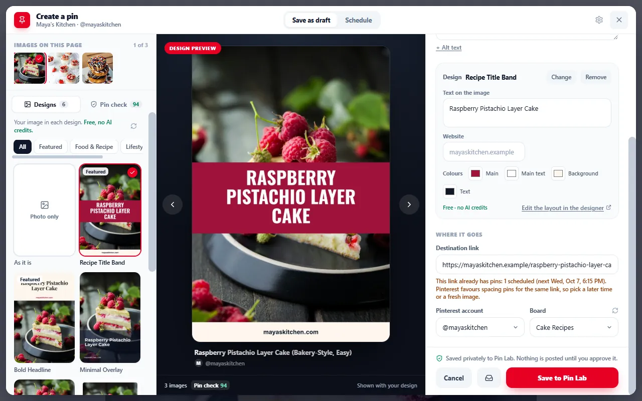 The PinBoostr composer on an example recipe post: the page's images, pin designs, a live pin preview and an AI-written title and description