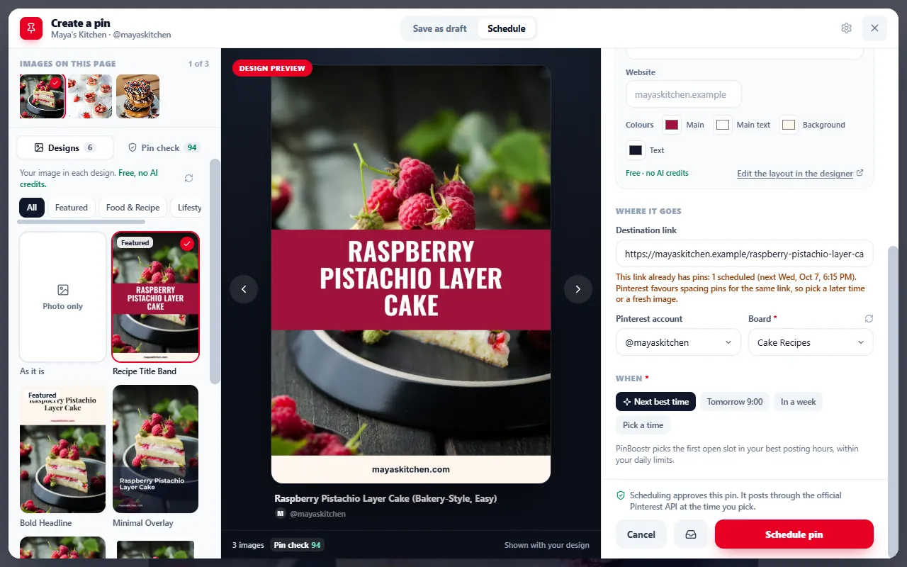 Scheduling a pin from the PinBoostr Chrome extension: a designed pin preview, a note that the link already has a scheduled pin, the board picker and Next best time