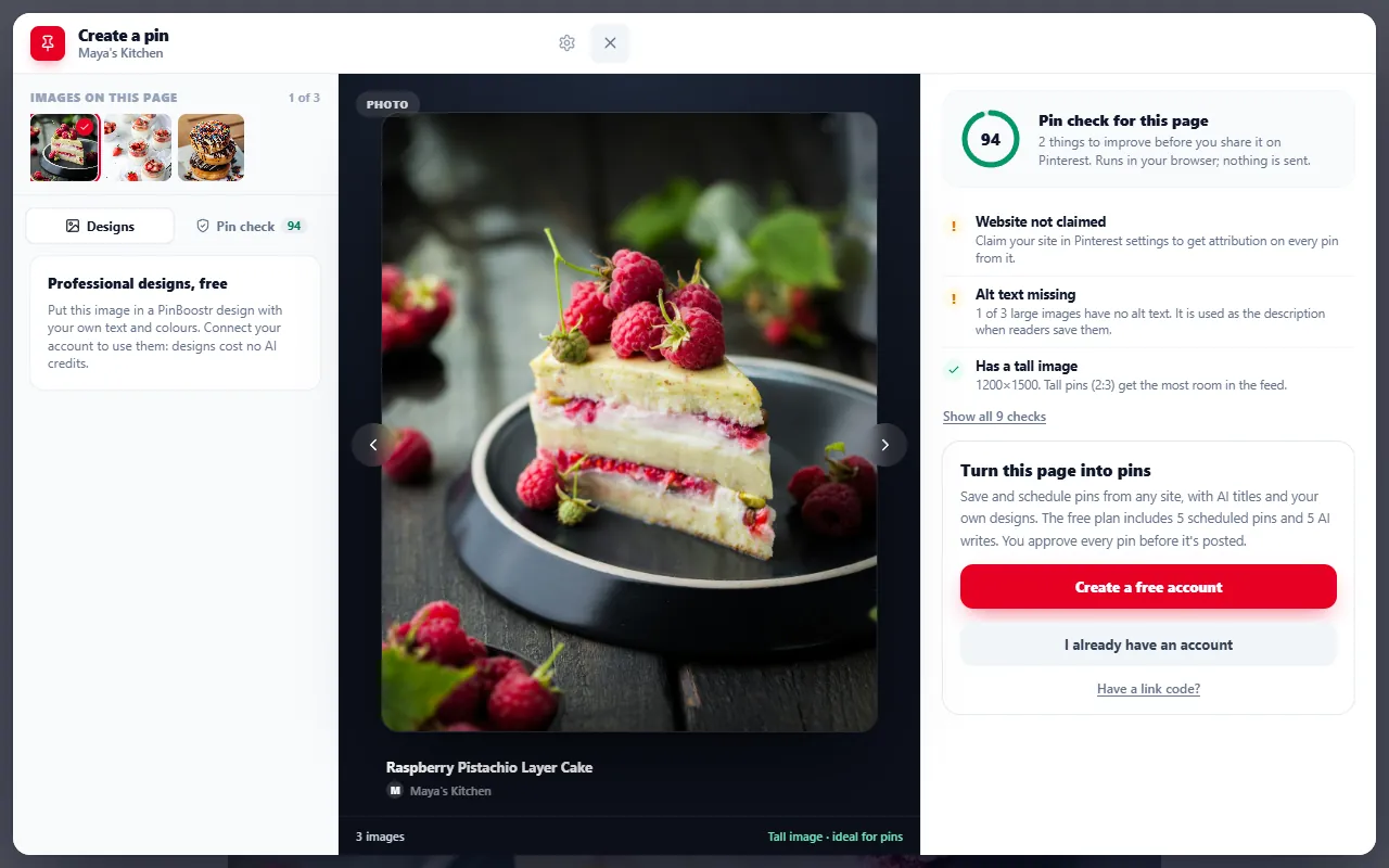 The PinBoostr Pin check scoring a page 94, flagging a website that is not claimed and missing alt text, and passing the tall-image check