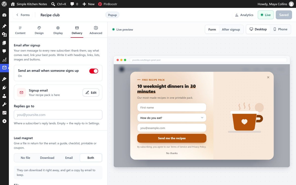 The Delivery tab in PinBoostr Leads: the signup email switched on, its Edit button, and the lead magnet set to download and email