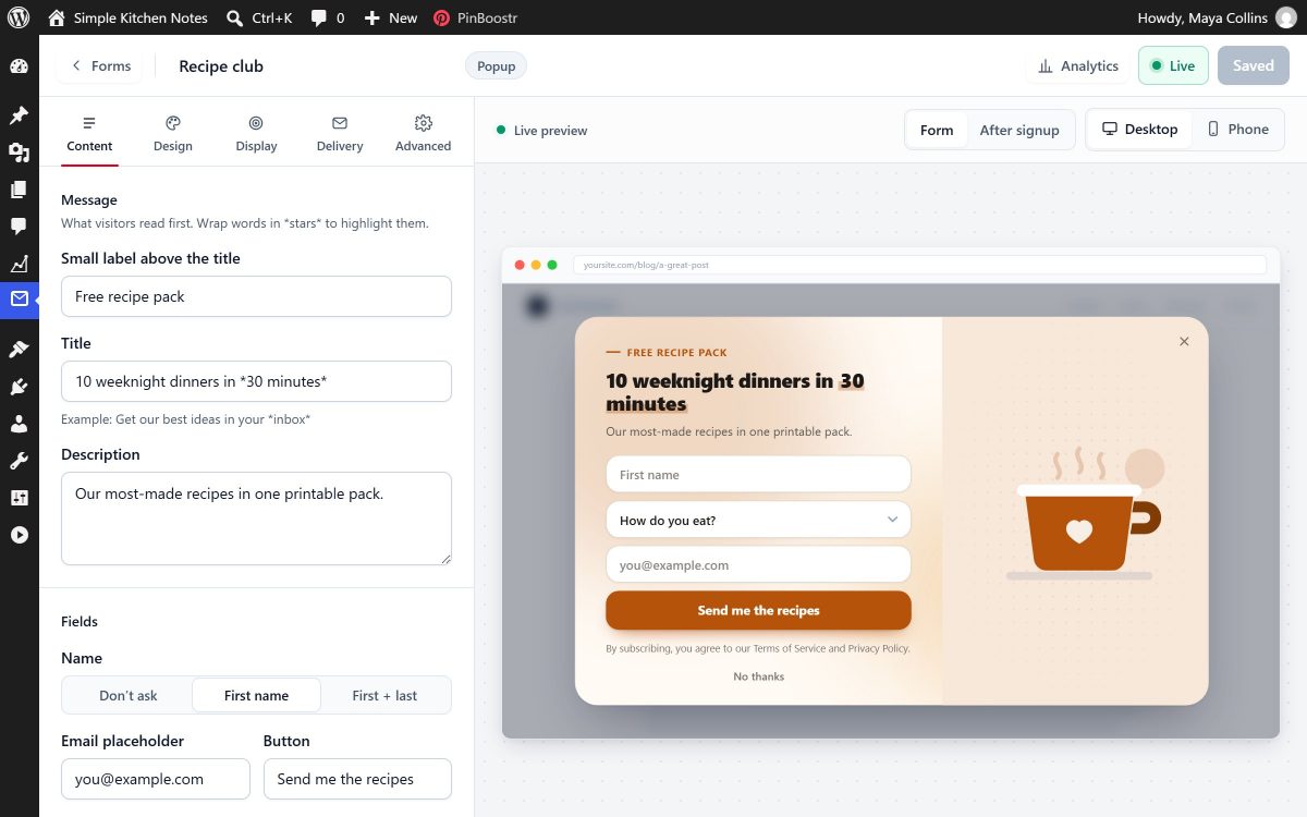 The PinBoostr Leads designer: the Content tab on the left and a live preview of a recipe popup on the right