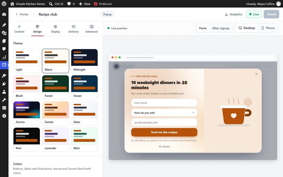 The Design tab in PinBoostr Leads: twelve designs to pick from next to the live preview