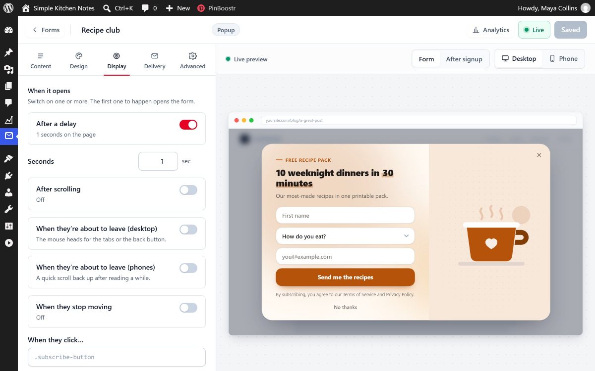 The Display tab in PinBoostr Leads: open after a delay, on scroll, when someone is about to leave on a computer or phone, or when they stop moving