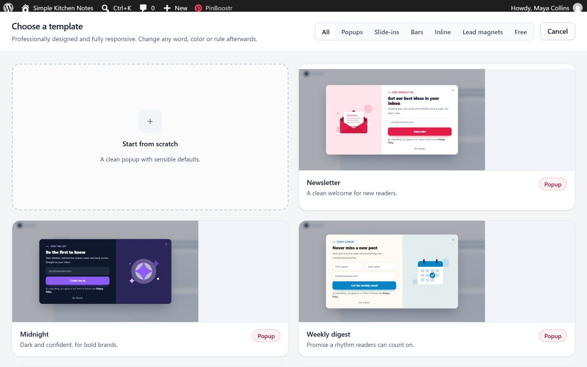 The PinBoostr Leads template gallery with live previews and filters for popups, slide-ins, bars, inline forms and lead magnets