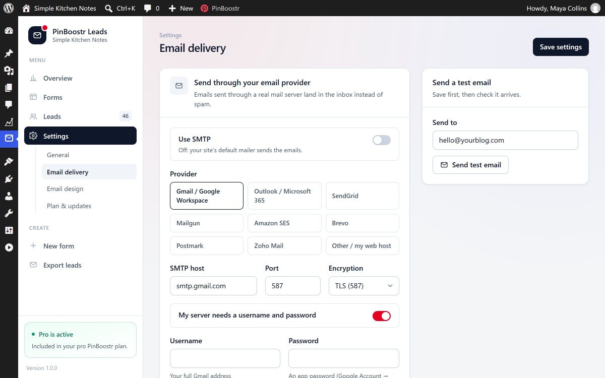 Email delivery settings in PinBoostr Leads: ready-made provider settings and a send test email button