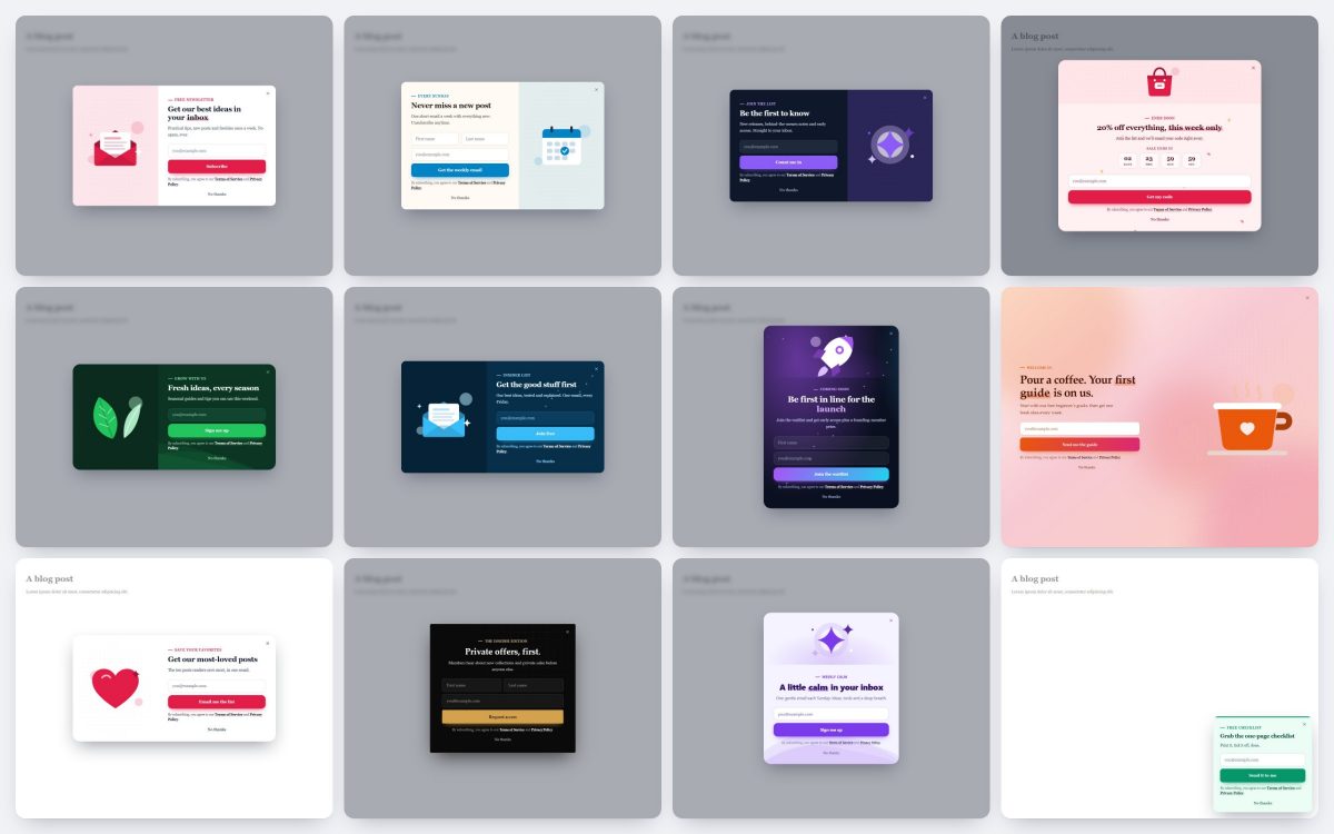 Twelve PinBoostr Leads designs side by side: light, warm, dark and colorful popups, plus a slide-in
