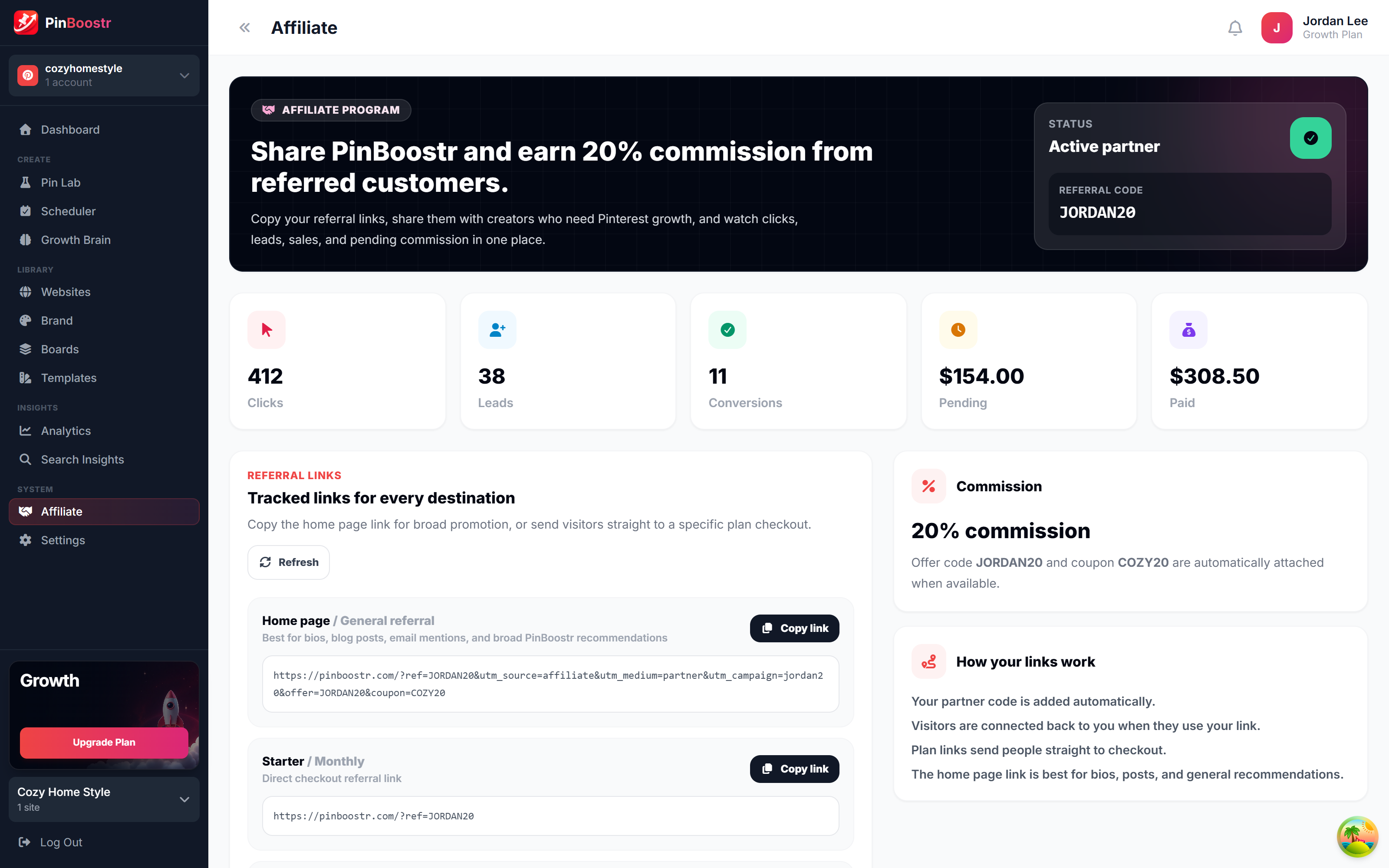 Earn with the affiliate program screenshot