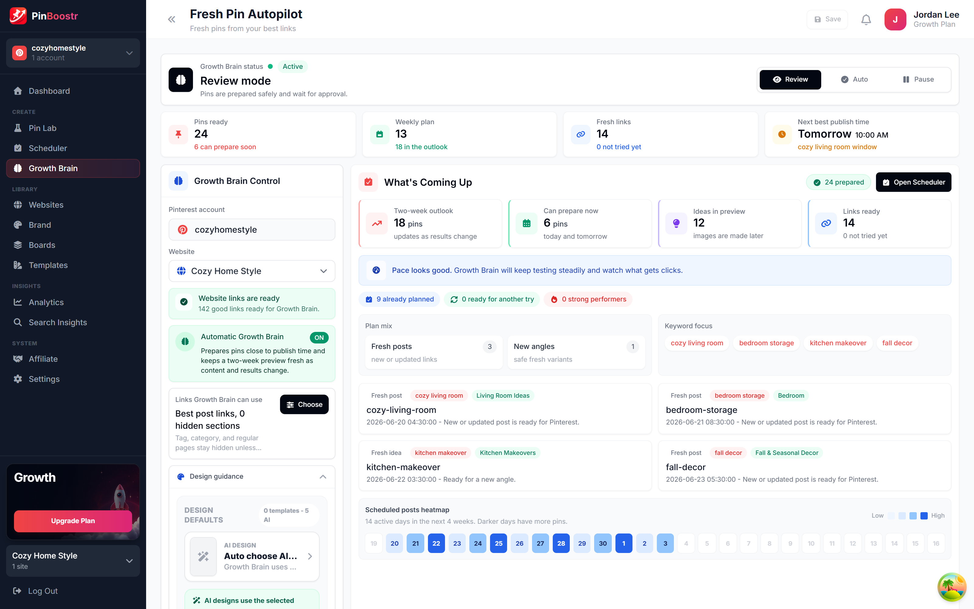 PinBoostr Growth Brain choosing your best content to pin automatically