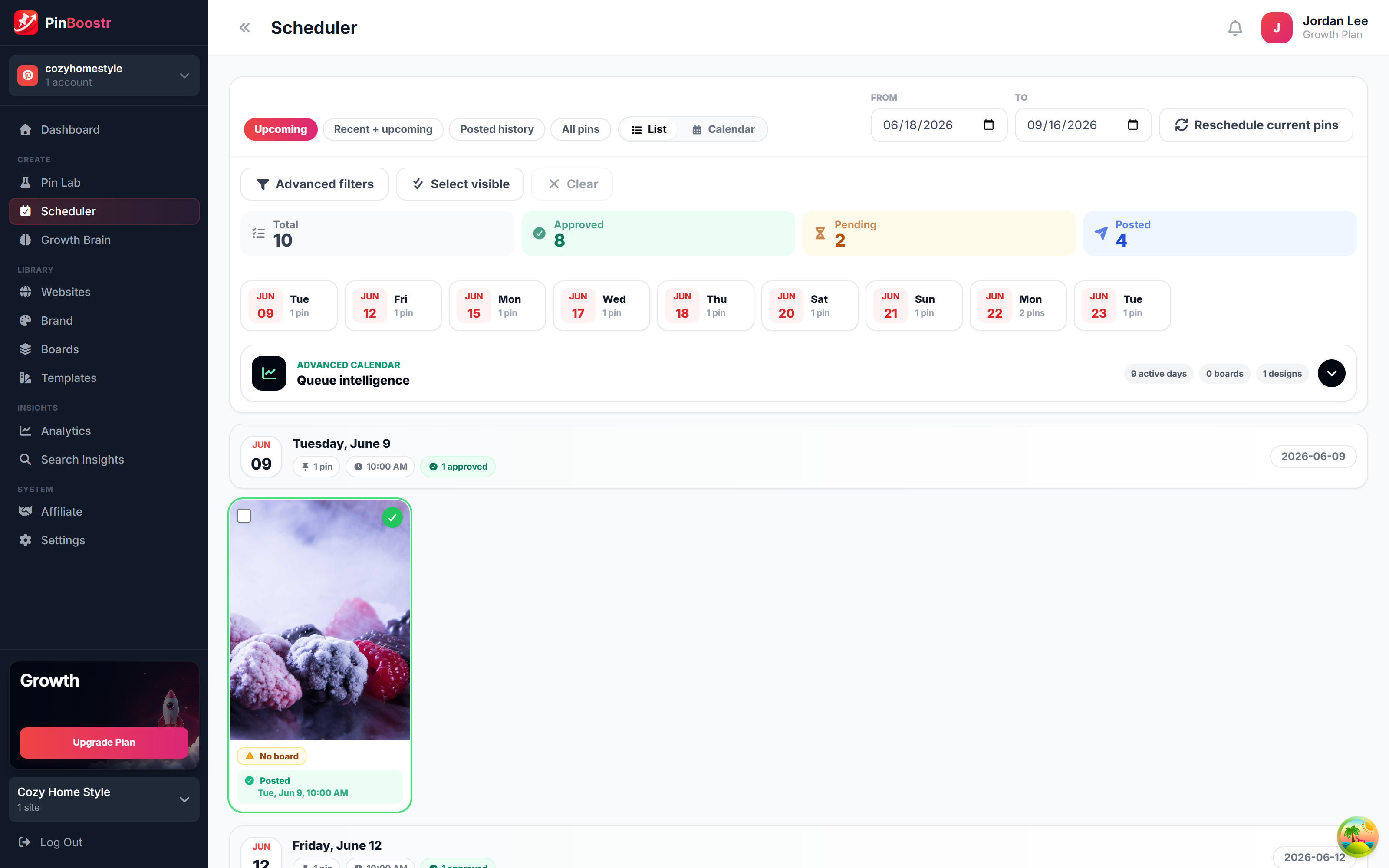 PinBoostr scheduler queue publishing pins through the official Pinterest API