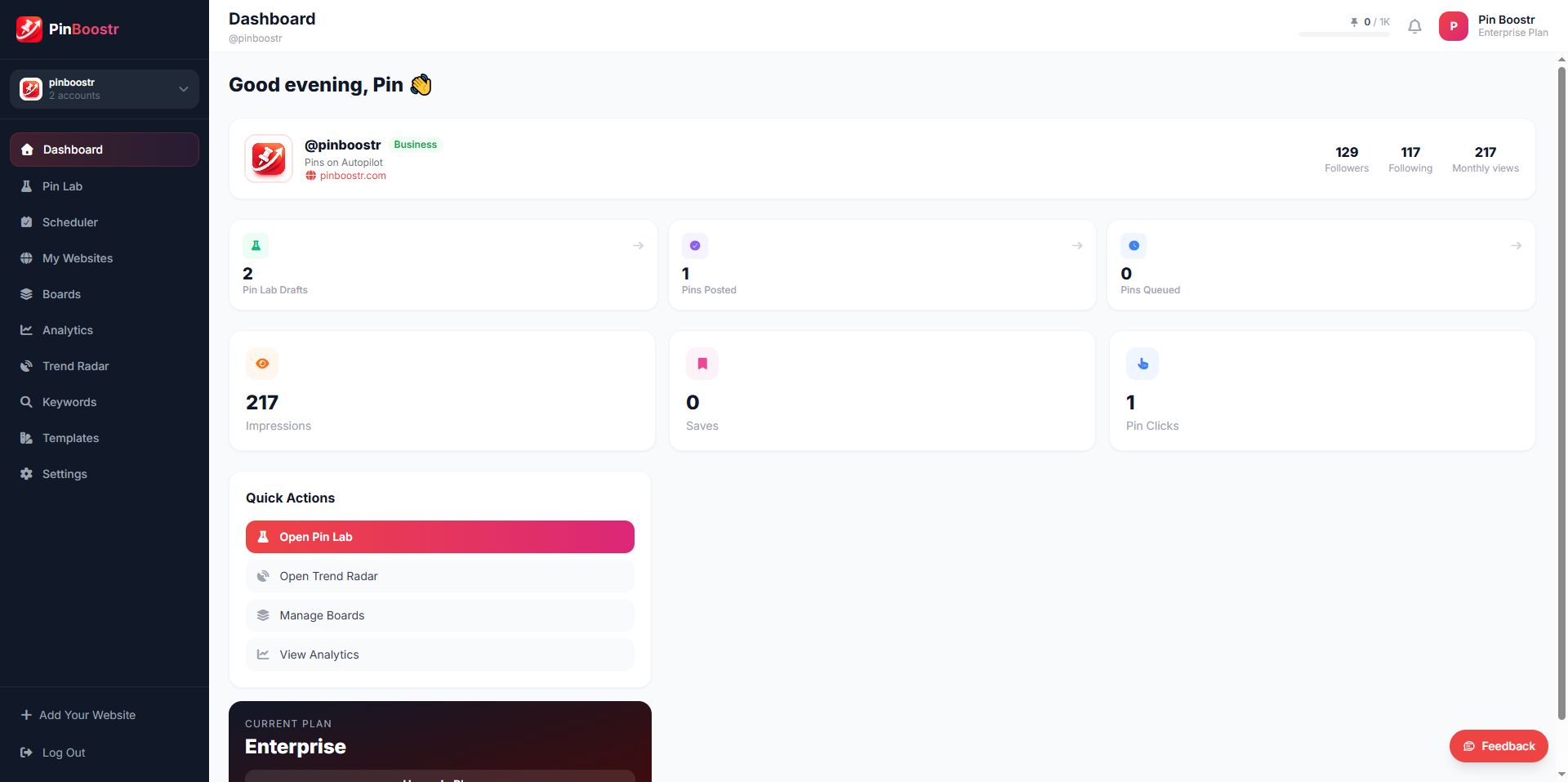 PinBoostr dashboard showing Pinterest scheduling and growth workflow