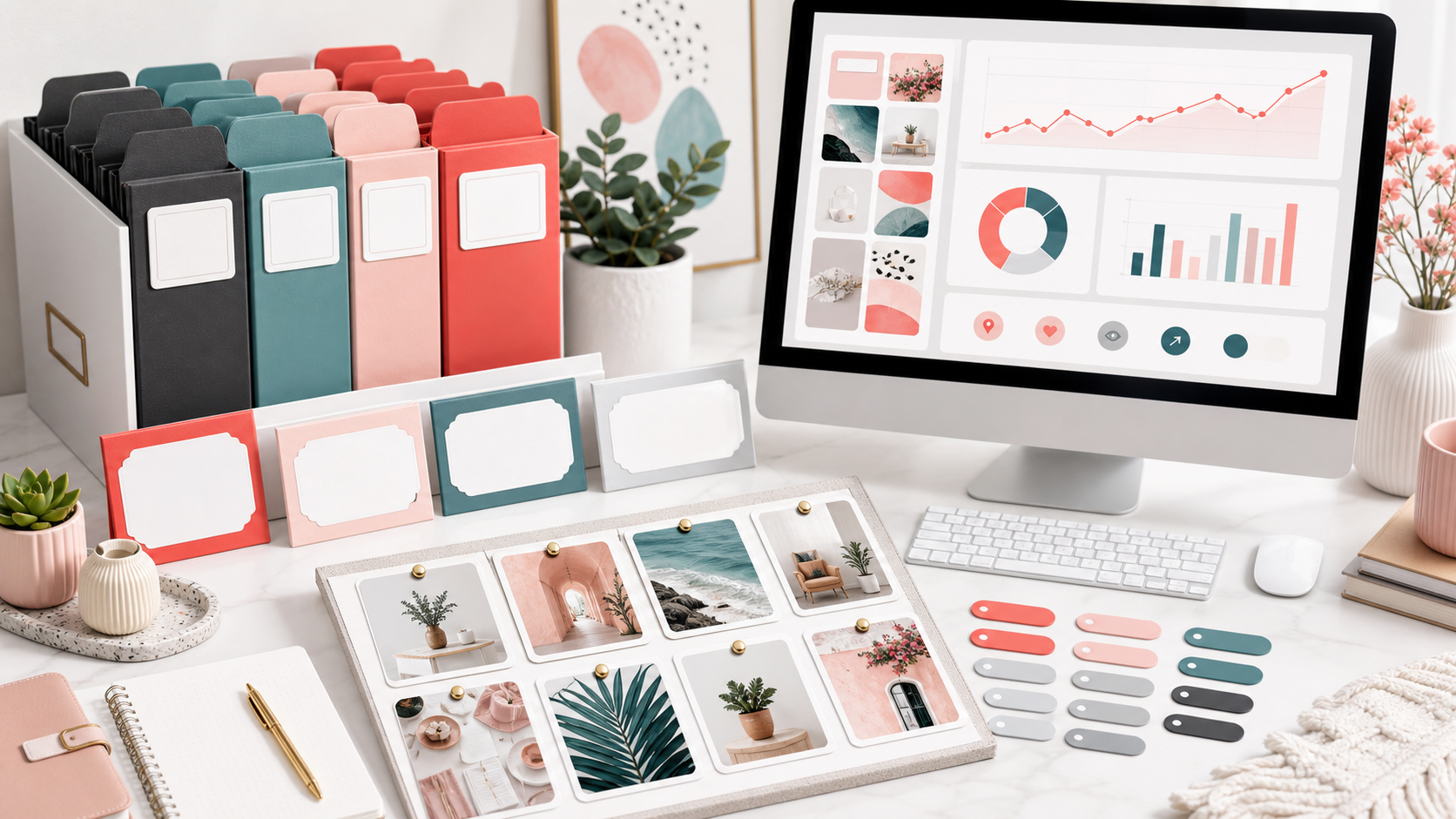Pinterest board naming workspace with organized folders, keyword chips, and pin collections