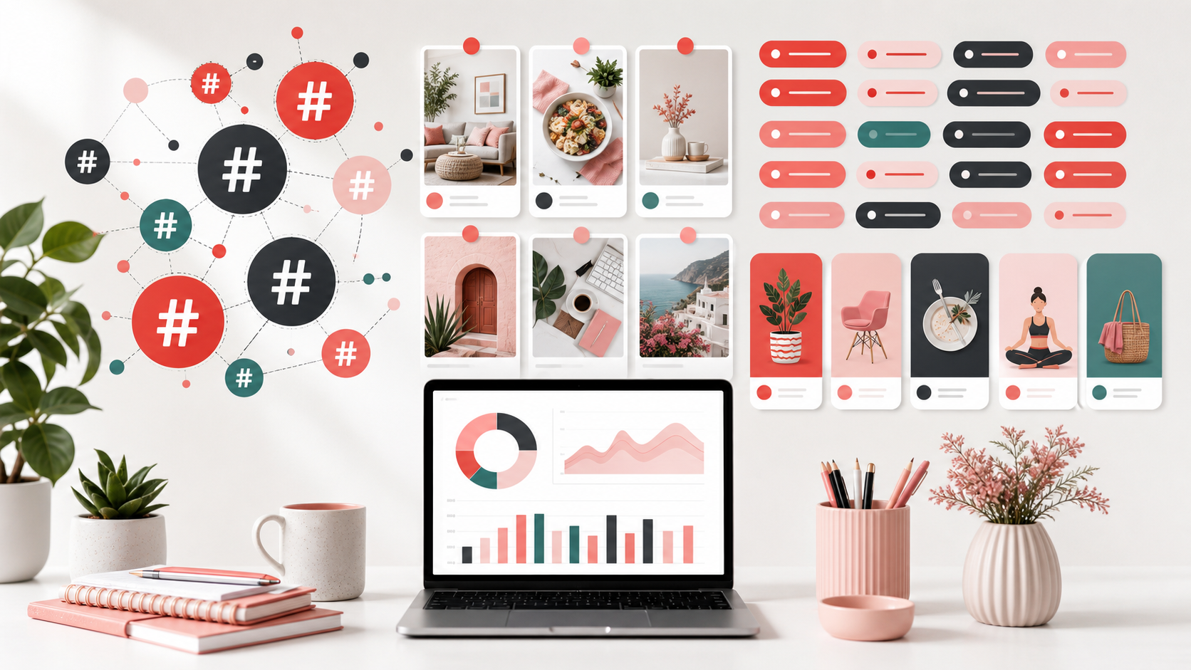 Pinterest hashtag strategy workspace with grouped topic tags and pin cards