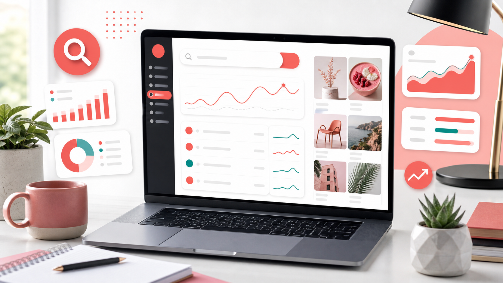 Pinterest SEO planning workspace with keyword research cards and pin analytics