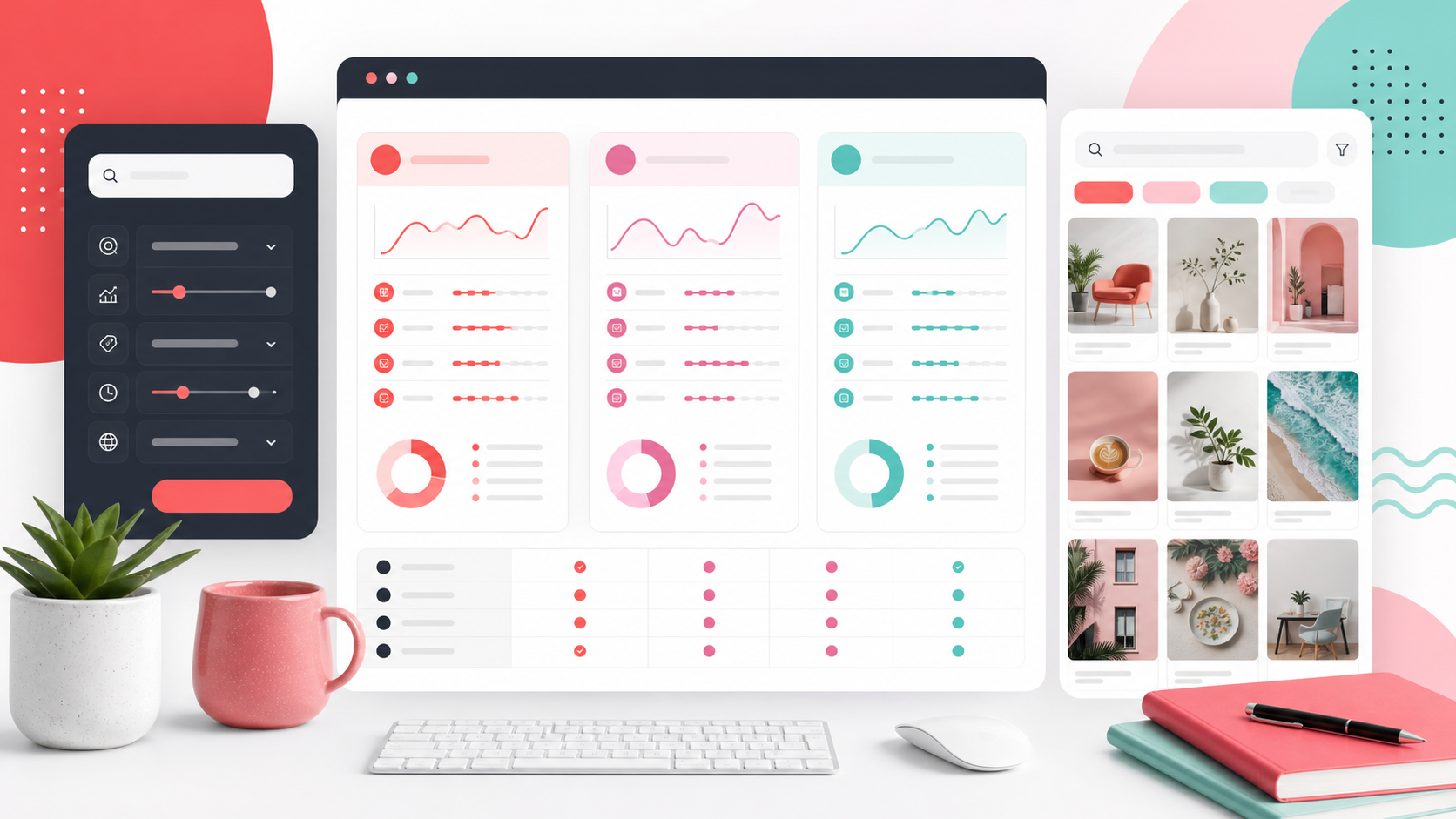 Pinterest keyword research tool comparison dashboard with charts and pin previews