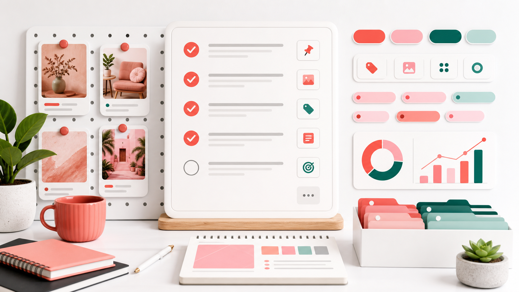 Pinterest SEO checklist with pin cards, board folders, and analytics marks