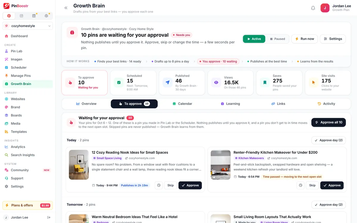 PinBoostr Growth Brain on an example account: 10 pins waiting for approval, grouped by day, each with Approve and Skip buttons and an Approve all button