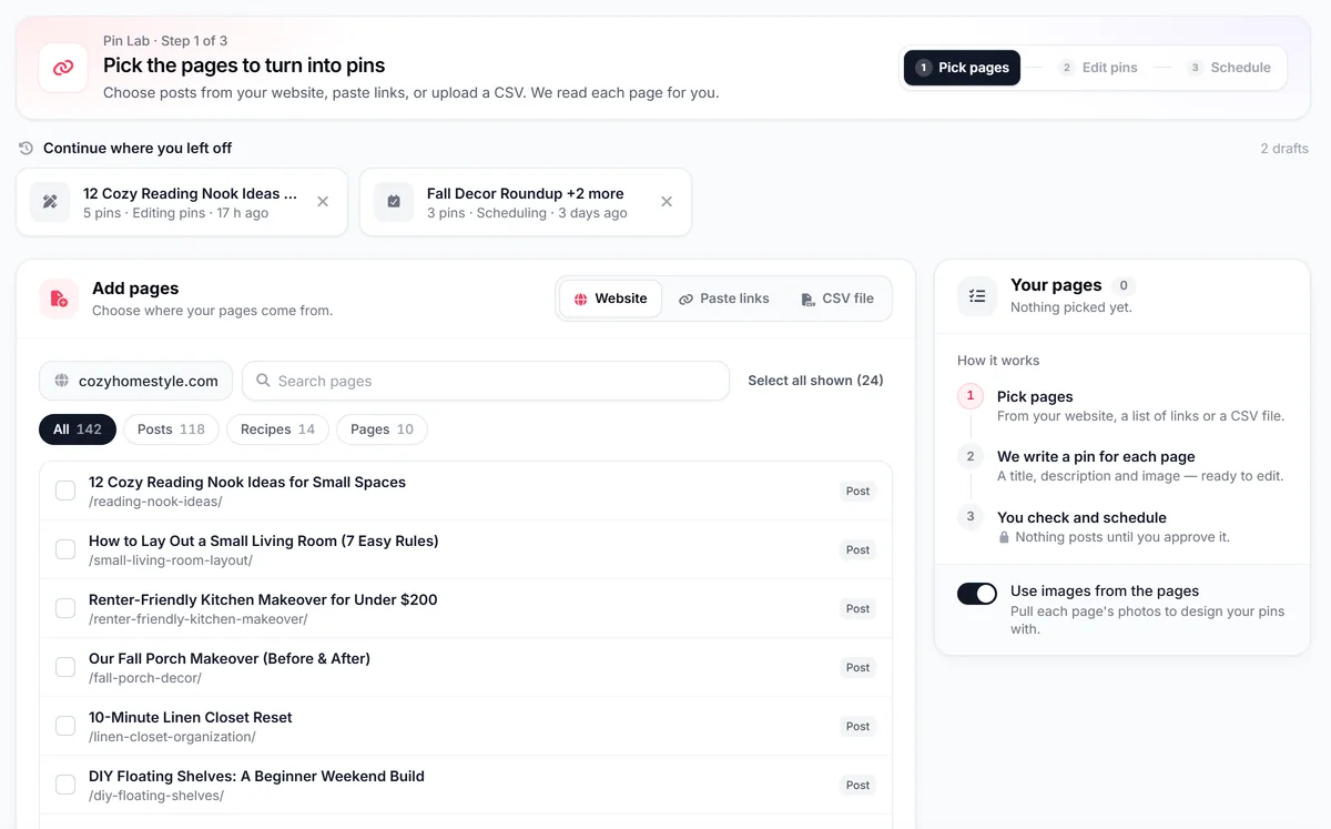 PinBoostr Pin Lab on an example home decor site: pick pages from the website, paste links or upload a CSV, then PinBoostr writes a pin for each page