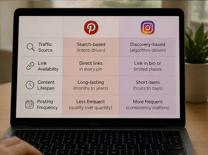 Person comparing Pinterest and Instagram apps on two smartphones, deciding which platform drives more traffic