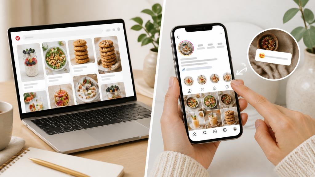 Person comparing Pinterest and Instagram apps on two smartphones, deciding which platform drives more traffic