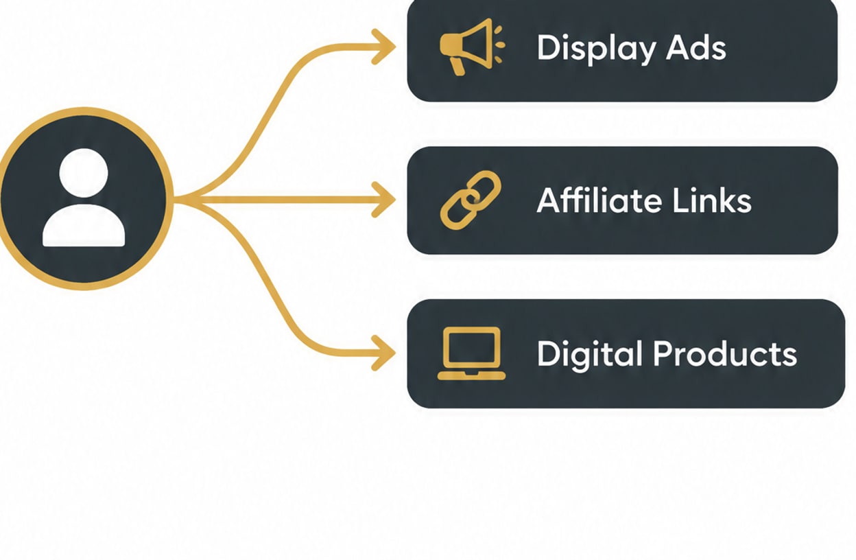 A flow chart illustrating three ways to monetize a single visitor to a decor blog.