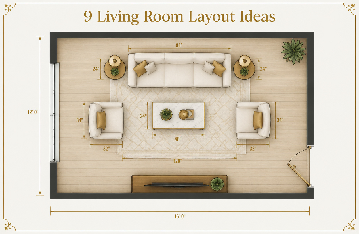 A professional furniture layout infographic showing a small living room from a top-down perspective.