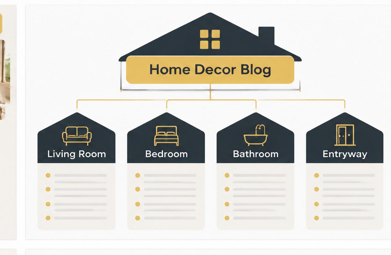 A site structure map organizing home decor keywords by room category.