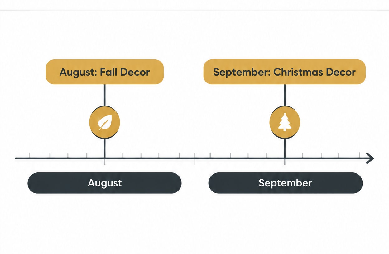 A timeline showing the ideal months to publish seasonal home decor content on Pinterest.