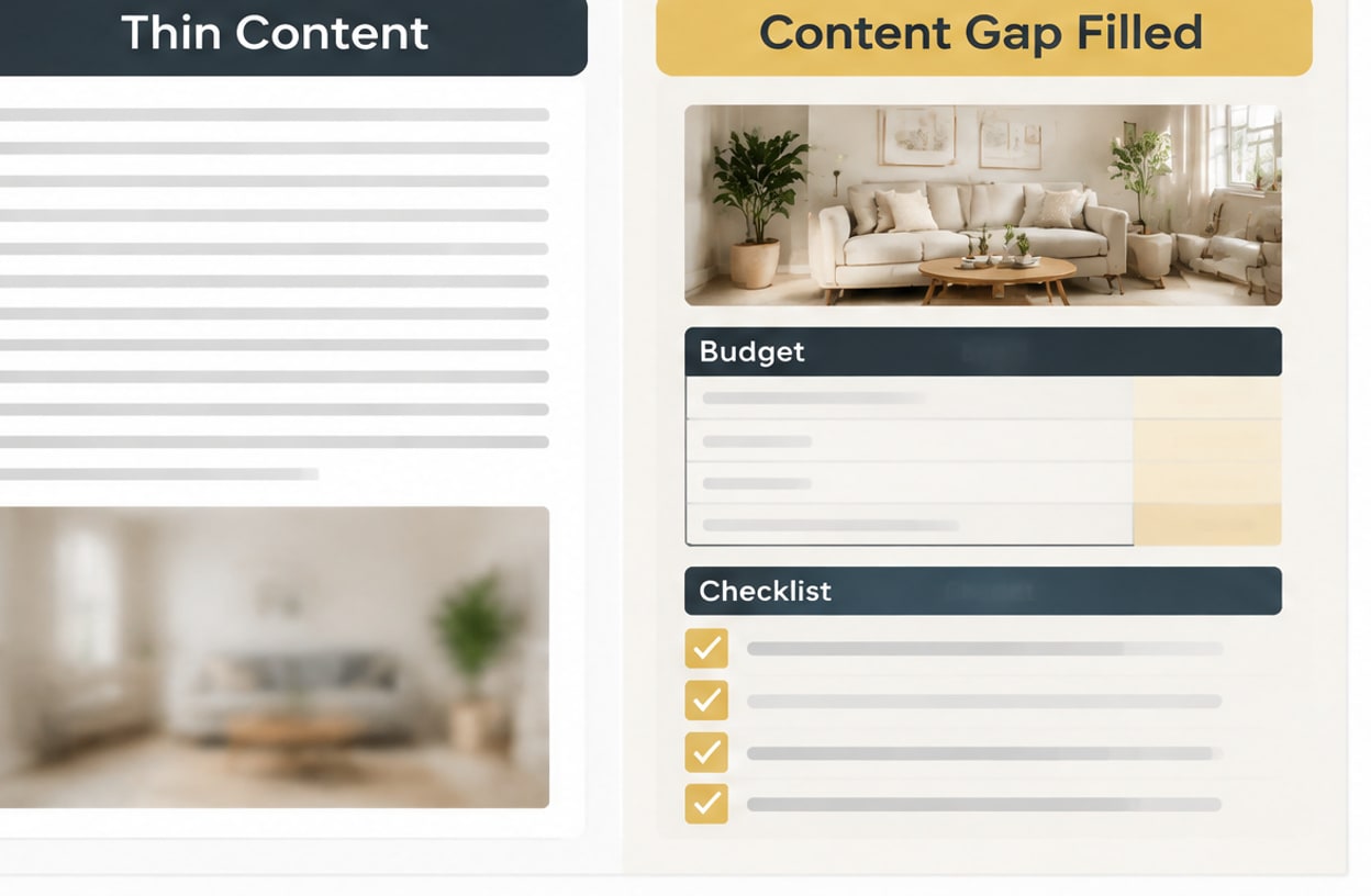 Comparison between a low-quality blog post and a high-value, well-structured decor article.