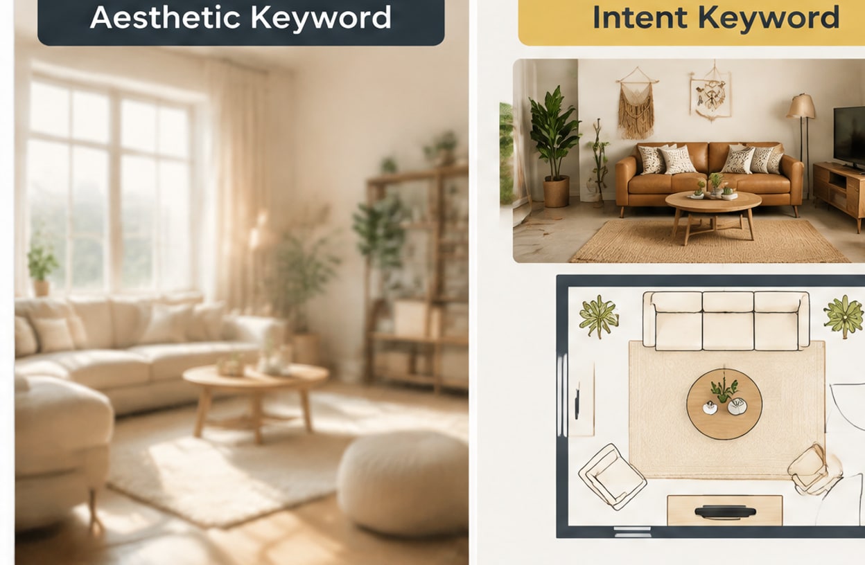 Comparison between a vague aesthetic room photo and a specific intent-based room layout.
